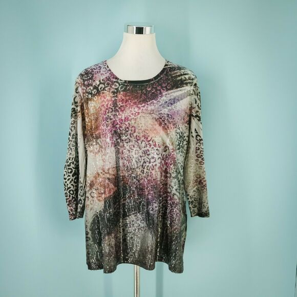 Chico's 3 Size XL Abstract Animal Print Sequin Crew 3/4 Sleeve Boxy Top - Picture 1 of 4